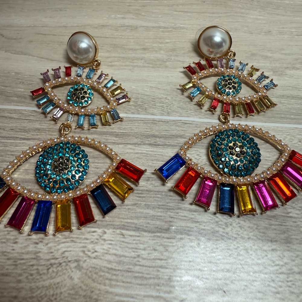 Evil Eye Statement Earrings Multicolor Rhinestone… - image 3